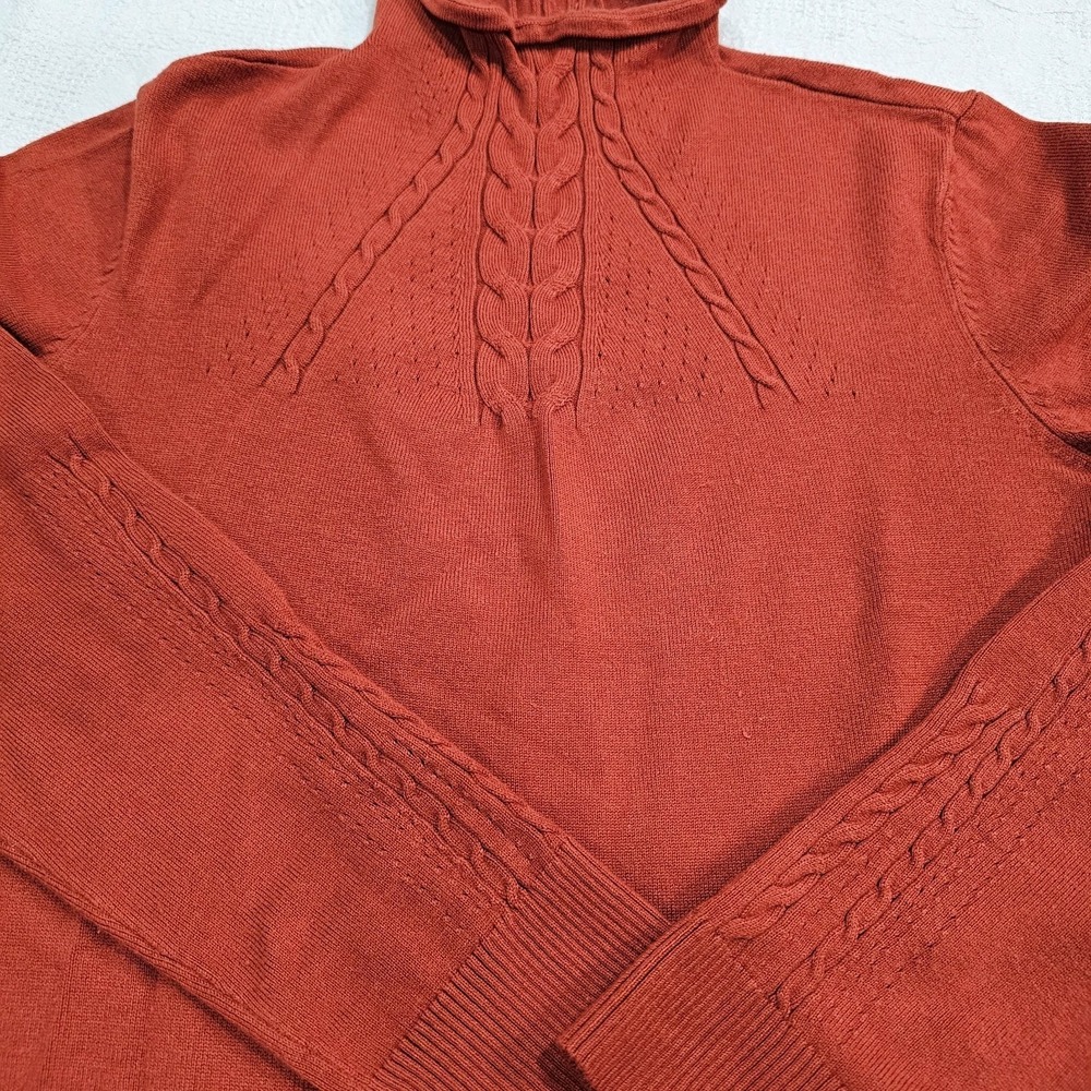 Fitted Rust Orange Mock Neck Cable Knit Sweater Lettuce Trim XS